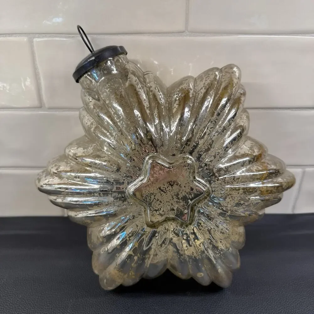 2 Large 10” Vintage Hand Blown Molded Mercury Glass Kugel Star Ornaments